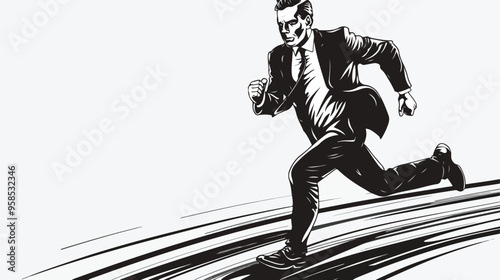 Young Businessman in Suit Running on Track Handdrawn Illustration