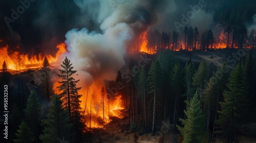 Aerial view of wildfire in the pine forest