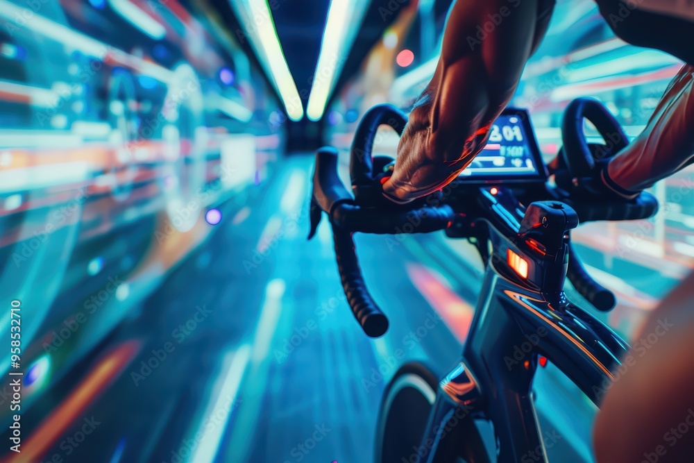 Fototapeta premium Close-up of a cyclist's hands on a futuristic bike handlebar with glowing lights and motion blur, capturing speed and technology.