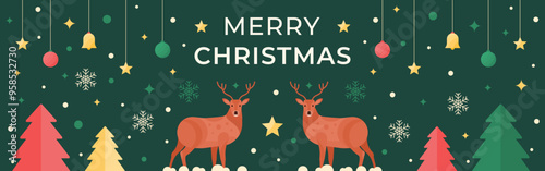 Christmas banner with various shapes, symbols, and deers. Vector illustration.