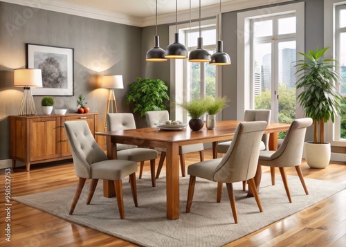 Sophisticated modern dining room furniture sets are showcased in a warm and inviting home setting, filled with rich