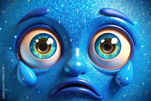 A bright blue cartoon face with exaggerated features and a sorrowful expression, shedding two large, shiny tears that photo