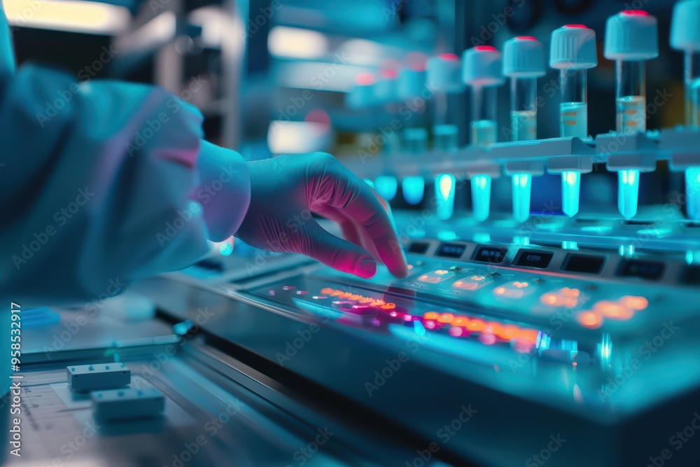 Close-up of a scientist's hand operating a high-tech laboratory instrument. Vibrant colors display advanced technology in action. Close-up of a scientist's hand operating a high-tech laboratory instrument. Vibrant colors display advanced technology in action.