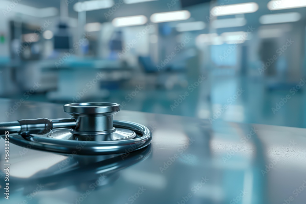 Close-up of a stethoscope on a reflective surface in a modern medical environment, symbolizing healthcare and wellness. Close-up of a stethoscope on a reflective surface in a modern medical environment, symbolizing healthcare and wellness.