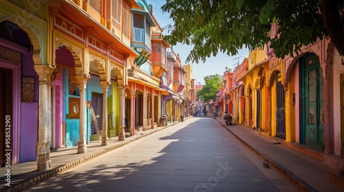 The vibrant streets of Jaipur, lined with colorful buildings and markets, completely empty, showcasing India's cultural richness in silence