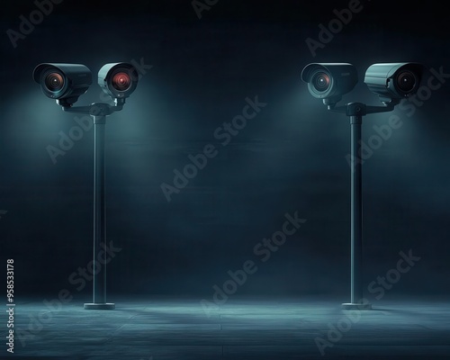 AIcontrolled security cameras, holographic interface, futuristic urban surveillance photo