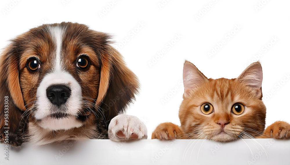 Obraz premium Dog and cat peeking over a blank white board on transparency background PNG 