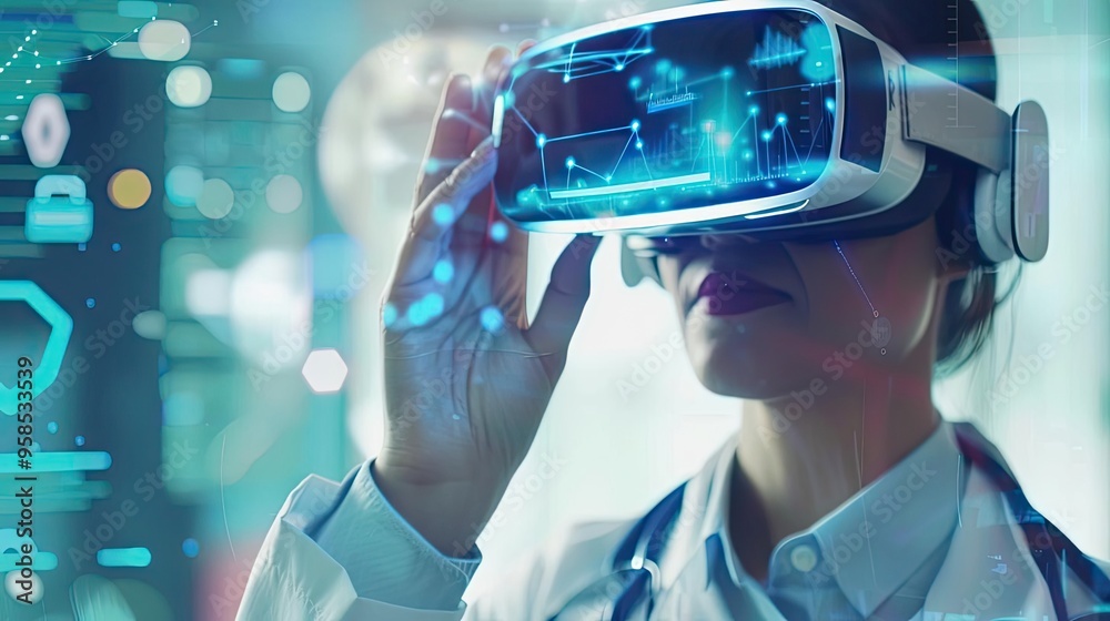 A healthcare professional exploring virtual reality technology with a VR headset, showcasing innovation in medical training.