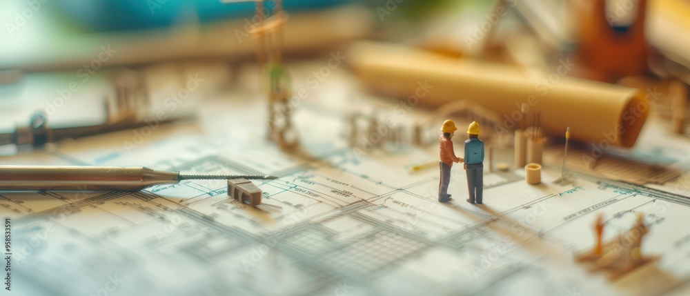 Obraz premium Detailed blueprint with miniature figures discussing construction plans and tools, showcasing architecture and engineering collaboration.