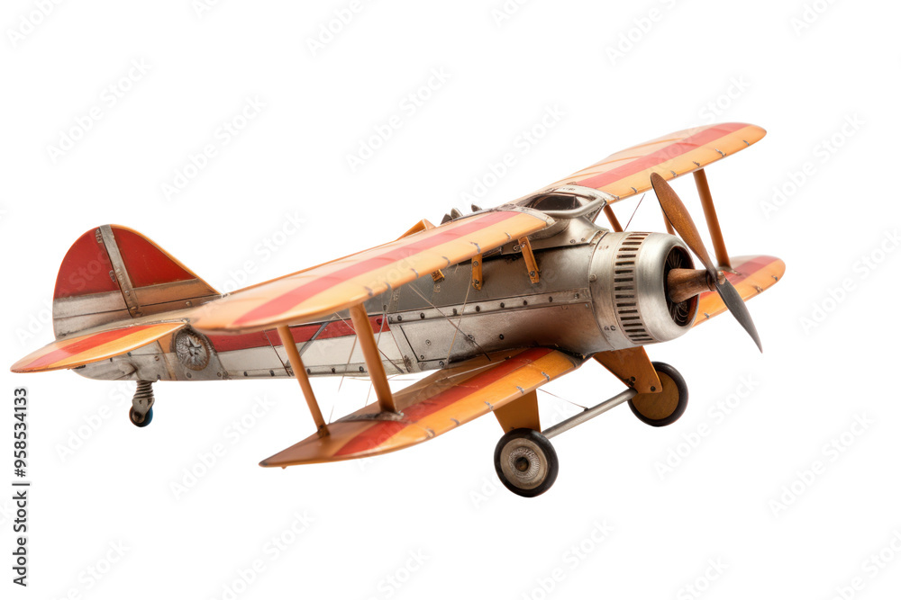 Close-up view of a miniature plane model showcasing fine craftsmanship, isolated on white background Close-up view of a miniature plane model showcasing fine craftsmanship, isolated on white background
