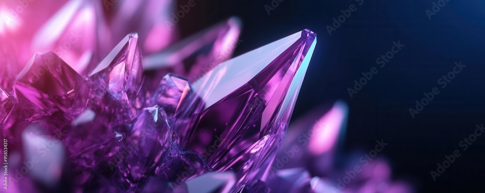 Close-up view of a vibrant purple crystal, showcasing intricate facets and shimmering surfaces in an abstract setting. Close-up view of a vibrant purple crystal, showcasing intricate facets and shimmering surfaces in an abstract setting.