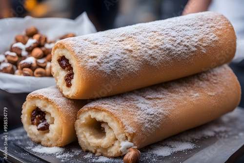 Czech trdelnk cylindrical pastry coated in sugar and nuts served hot from a street vendor, Ai Generated photo