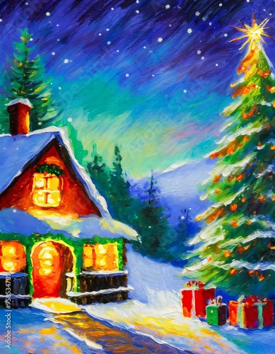 Christmas cottage, scene with snow and christmas trees