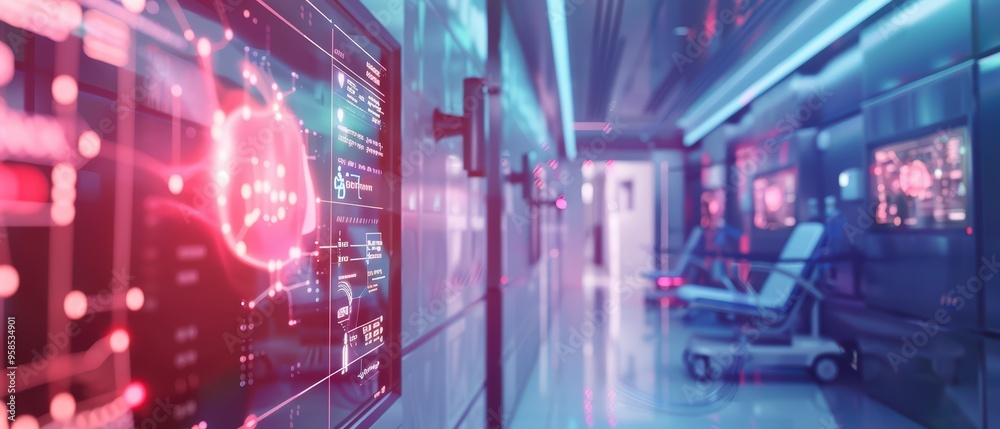 Obraz premium Futuristic hospital corridor featuring advanced technology and glowing screens, emphasizing modern healthcare innovation.