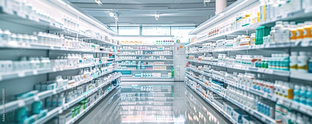 Bright and organized pharmacy aisle filled with various products on shelves, perfect for health-related imagery. Bright and organized pharmacy aisle filled with various products on shelves, perfect for health-related imagery.