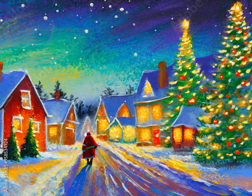 Christmas town landscape scene with snow and christmas trees
