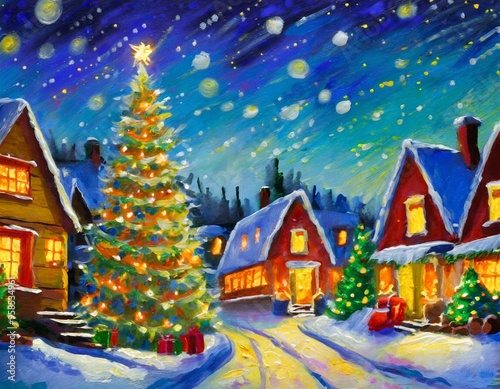 Christmas town landscape scene with snow and christmas trees