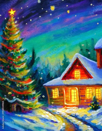 Christmas town landscape scene with snow and christmas trees