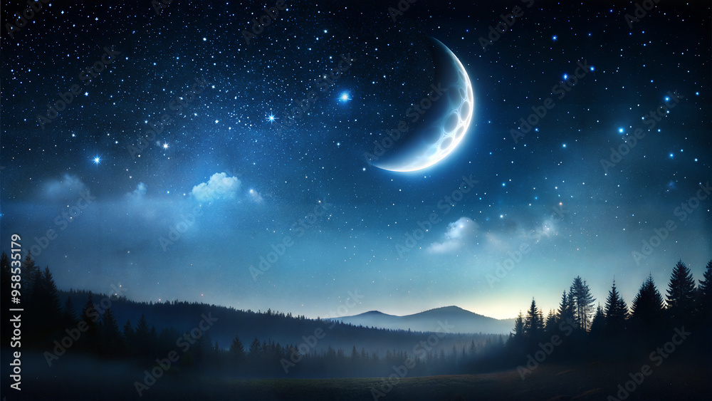 A serene night landscape with a crescent moon over the mountains A serene night landscape with a crescent moon over the mountains