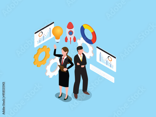 Planning and executing market entry, evaluating opportunities and expansion 3d isometric vector illustration