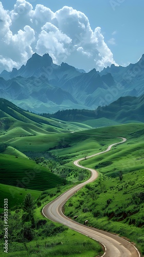 winding road through lush green hills, leading towards distant mountains under a sky filled with dramatic clouds. The serene landscape evokes a sense of adventure, exploration, and tranquility,