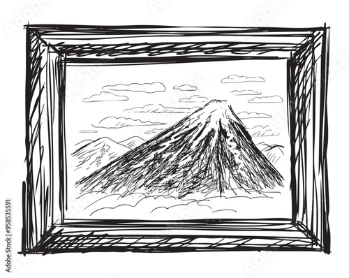 Mountain view sketch in frame, vector hand drawn illustration isolated on white