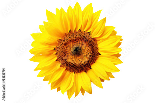 Close-up of a single vibrant sunflower isolated on white background