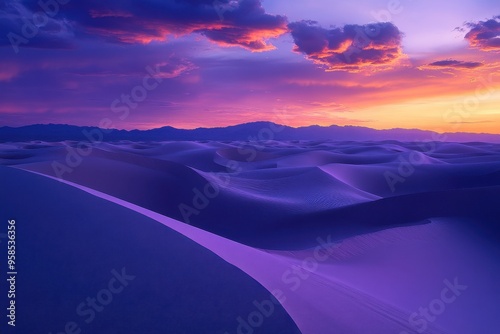 A stunning sunset over rolling sand dunes, creating a serene and vibrant landscape.