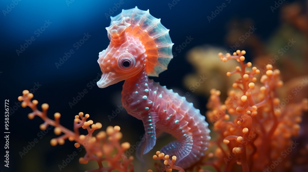 Playful Orange Seahorse Swimming in Vibrant Coral Reef Playful Orange Seahorse Swimming in Vibrant Coral Reef