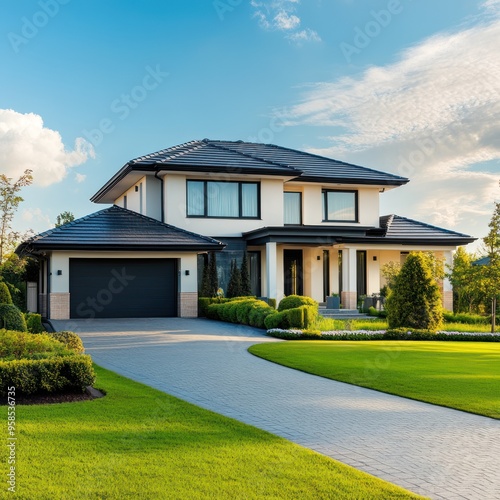 General Real Estate: â€¢ Contemporary suburban house exterior with manicured lawn and driveway 