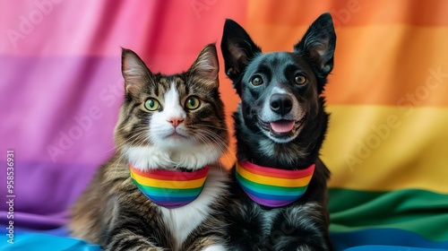 A cat and dog duo, both with rainbow collars, posing together with an LGBTQ flag behind them