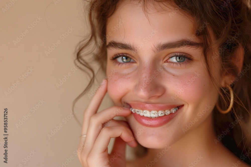 A young woman wearing casual clothes beams with joy as she touches her face, enjoying a moment in a cozy environment. A young woman wearing casual clothes beams with joy as she touches her face, enjoying a moment in a cozy environment.
