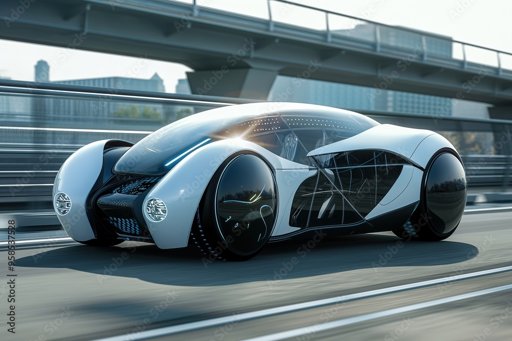 A sleek, white futuristic autonomous vehicle drives along a city street. A sleek, white futuristic autonomous vehicle drives along a city street.
