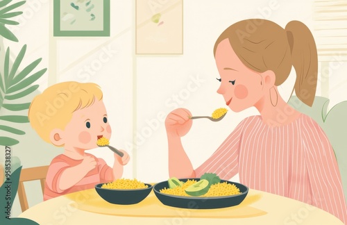 Cute cartoon mother feeding her child vegetables, vector illustration with a flat design style and simple shapes. In the background is an interior of a kitchen. The baby has blonde hair