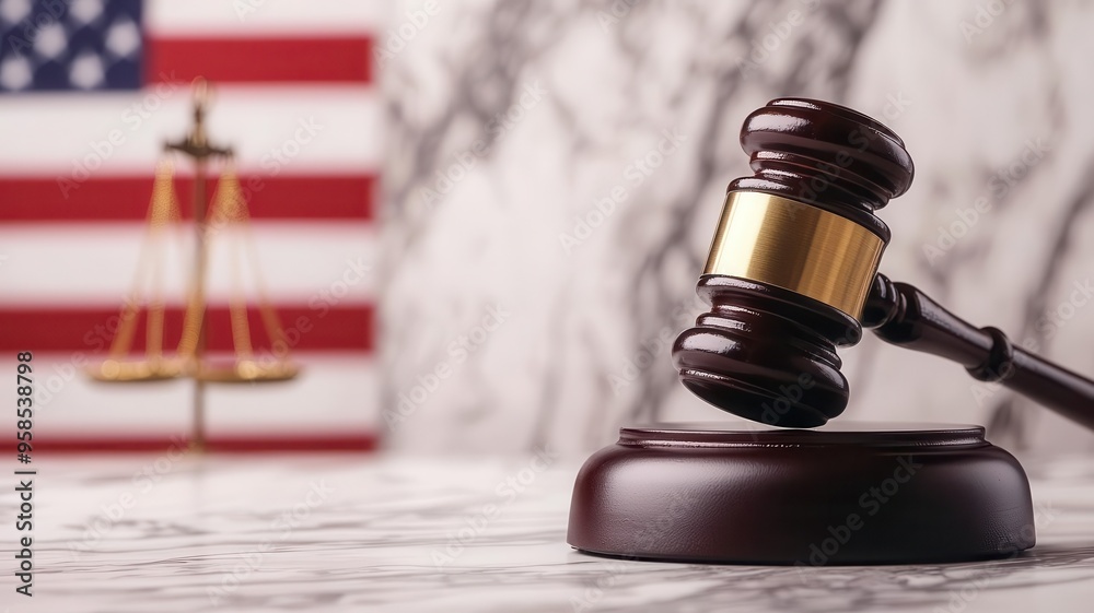 Judges gavel striking in a courtroom with US flag behind close up, focus on, copy space dramatic shadows, Double exposure silhouette with scales of justice Judges gavel striking in a courtroom with US flag behind close up, focus on, copy space dramatic shadows, Double exposure silhouette with scales of justice