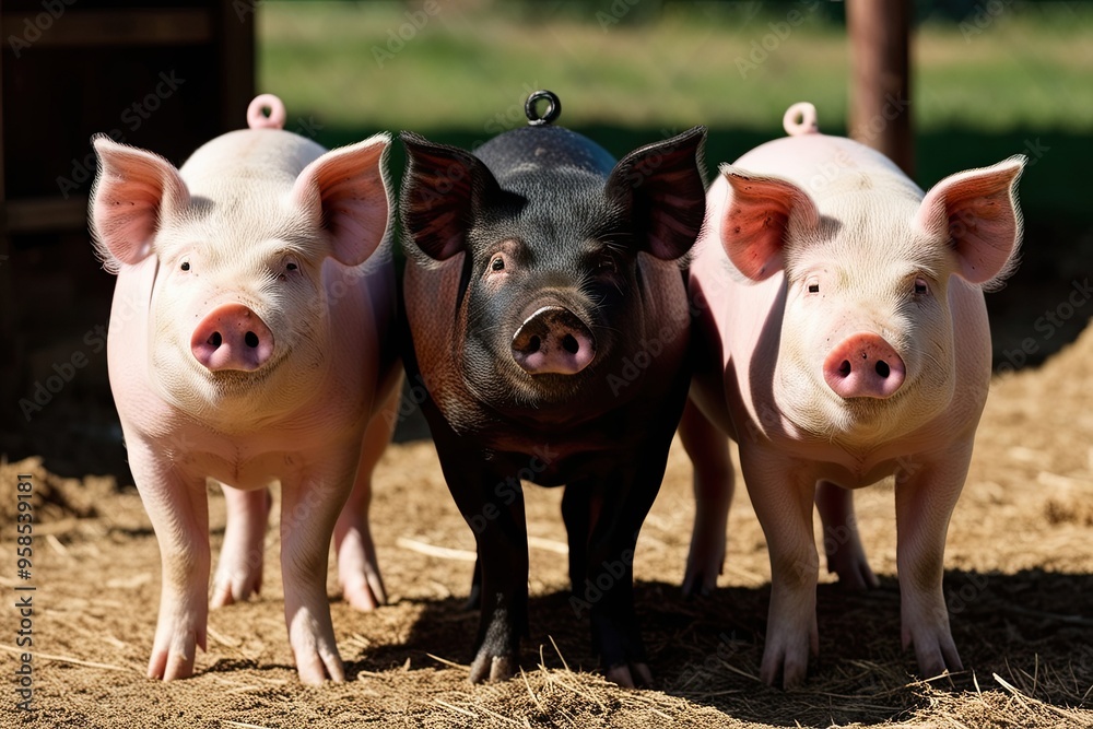 Three Colorful Pigs in Pink Black and Brown Looking Back Farm Animal Art Collection Three Colorful Pigs in Pink Black and Brown Looking Back Farm Animal Art Collection