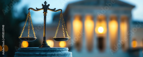 Nighttime view of the US Supreme Court building close up, focus on, copy space glowing marble facade, Double exposure silhouette with justice scales