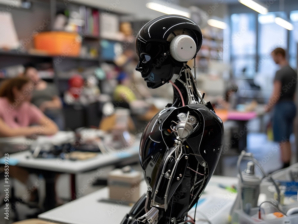 Futuristic black humanoid robot in a busy lab workspace, representing advanced robotics and technology development.