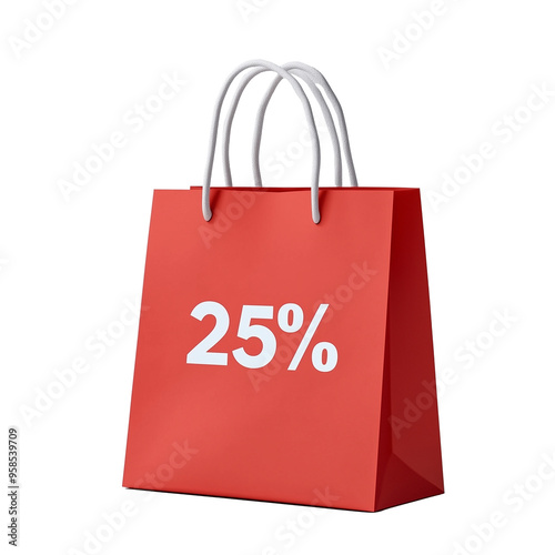 illustration of red shopping bag with the text 25% against white or transparent background