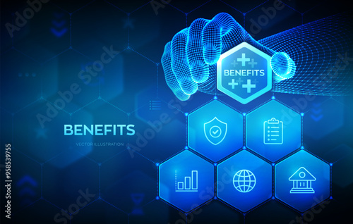 Employee benefits help to get the best human resources concept on virtual screen. Business for Profit, Benefit, health insurance. Hand places an element into a composition. Vector illustration.