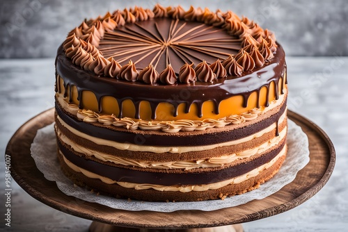 Hungarian dobos torte with multiple layers of sponge cake chocolate buttercream and a caramel top, AI Generated photo