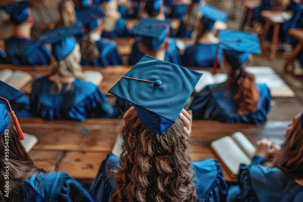Graduation Ceremony with Students in Blue Caps and Gowns Awaiting Diplomas Graduation Ceremony with Students in Blue Caps and Gowns Awaiting Diplomas
