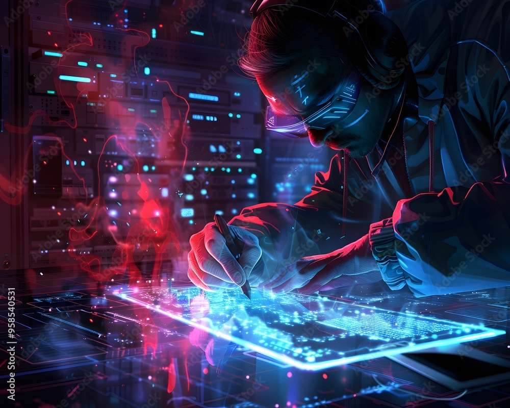 Futuristic scene with an engineer working on a digital touchscreen interface, surrounded by glowing data and advanced technology. Futuristic scene with an engineer working on a digital touchscreen interface, surrounded by glowing data and advanced technology.