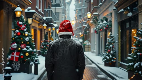 Wallpaper Mural Businessman walking through snowy streets, enjoying the festive holiday atmosphere in the city Torontodigital.ca