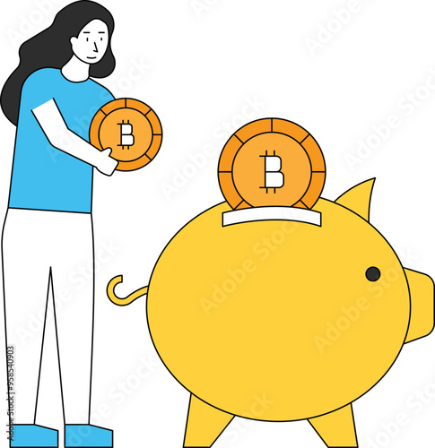 The girl is putting bitcoins in the piggy bank.