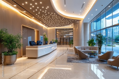 Interior of luxury hotel lobby zone with reception desk and relax zone for guest