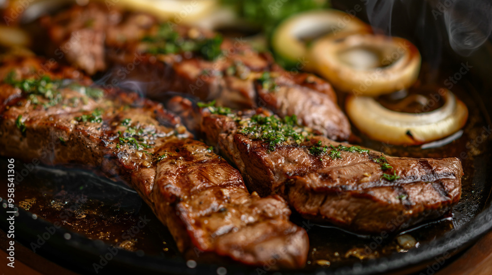 Grilled steak with onions on a sizzling plate, garnished with herbs.
