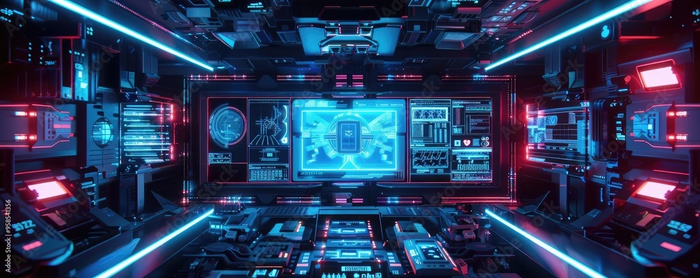 Futuristic digital environment featuring neon lights, advanced technology, and screens, ideal for sci-fi concepts and designs. Futuristic digital environment featuring neon lights, advanced technology, and screens, ideal for sci-fi concepts and designs.