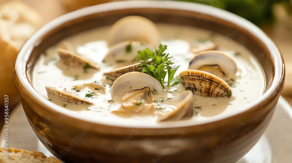 Creamy Clam Chowder with Parsley in a Brown Bowl Creamy Clam Chowder with Parsley in a Brown Bowl