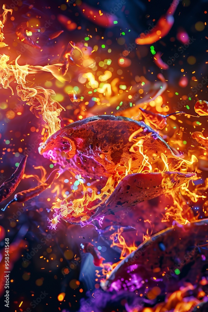 Fototapeta premium flyer of mexican tacos party, use neon colors, explosion of colors and chillis, use cheetos hot, uhd, 8k, use red and orange colors generative ai